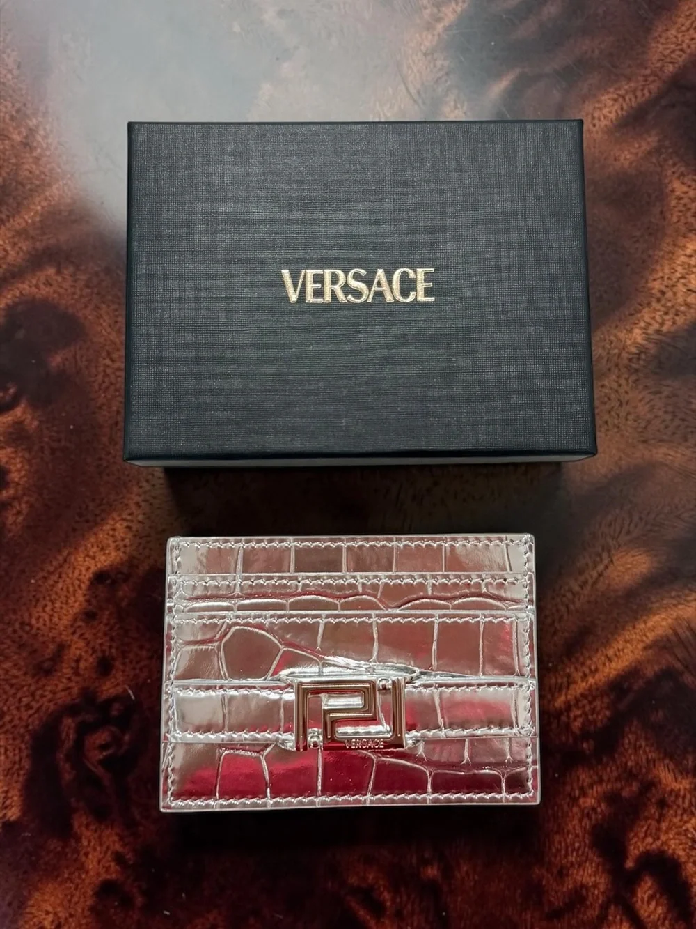 Versace Silver Croc-Embossed Greca Goddess Card Holder NWB